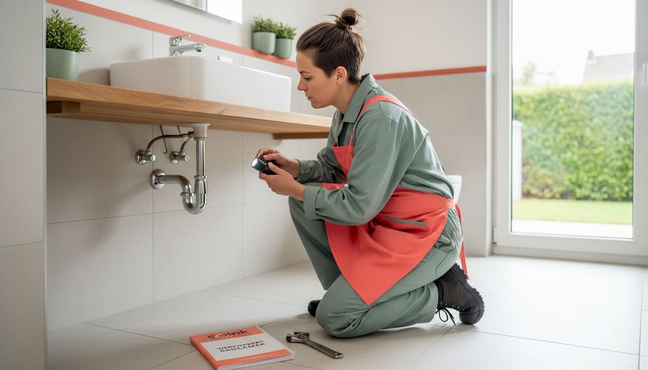 Een monteur controleert de leidingen in de badkamer van een eengezinswoning.
