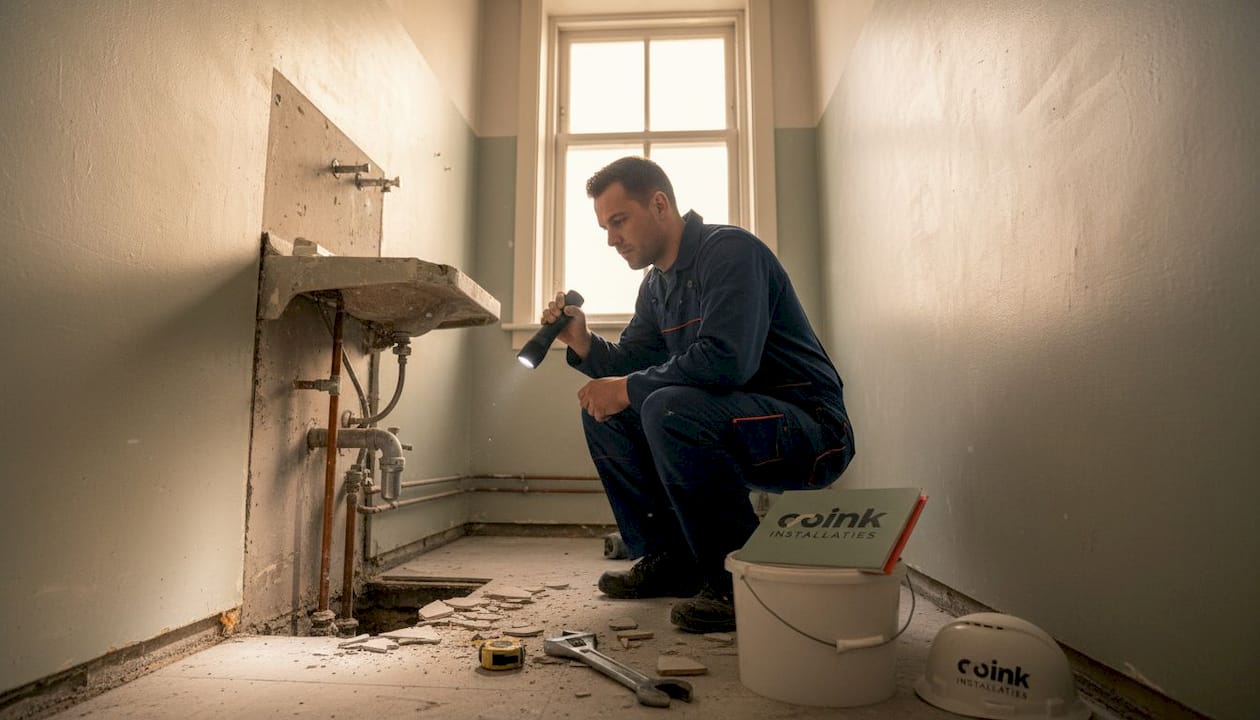 Een vakman controleert de waterleidingen voordat de renovatie van start gaat.