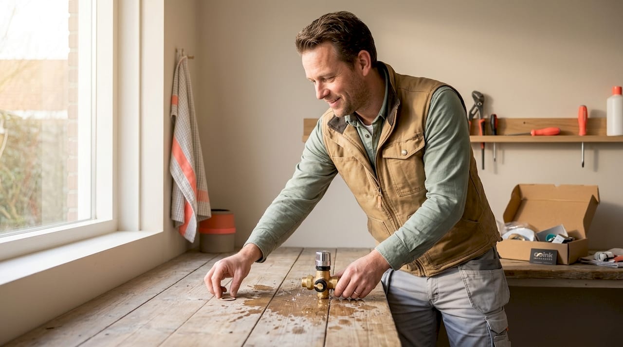 Een loodgieter is bezig een lekkende kraan bij de werkbank te repareren.