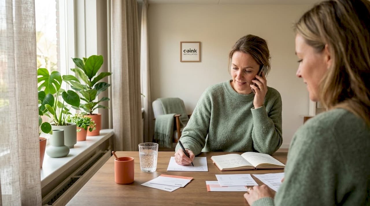 Vrouw zit aan de eettafel en belt de loodgieter op