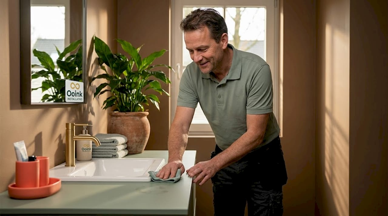 Een man maakt het matte oppervlak in de badkamer schoon.