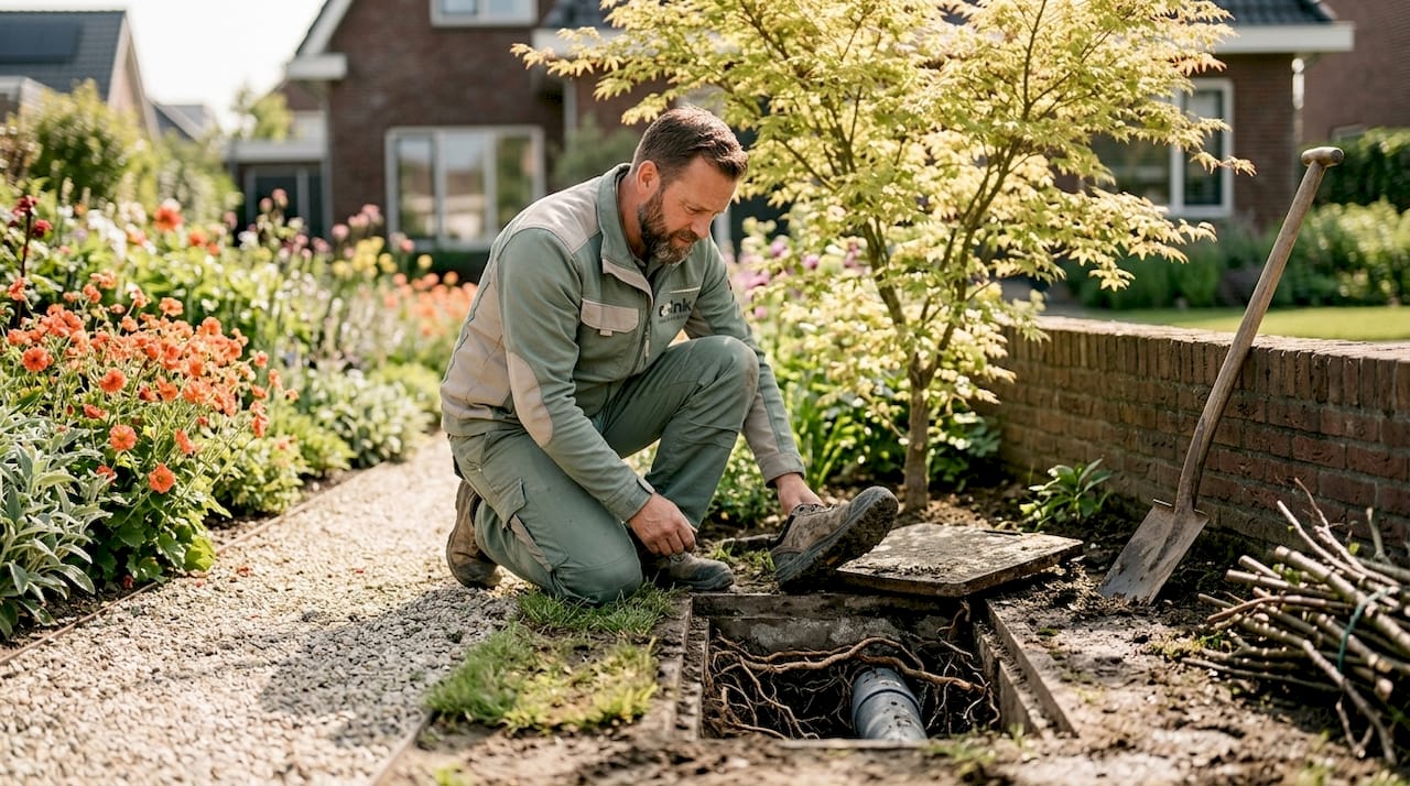Een man controleert buiten of er wortels rondom de rioolbuis groeien.