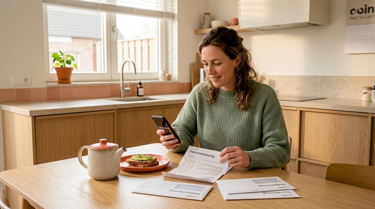 Een vrouw bekijkt tevreden haar lagere energierekening aan de keukentafel.