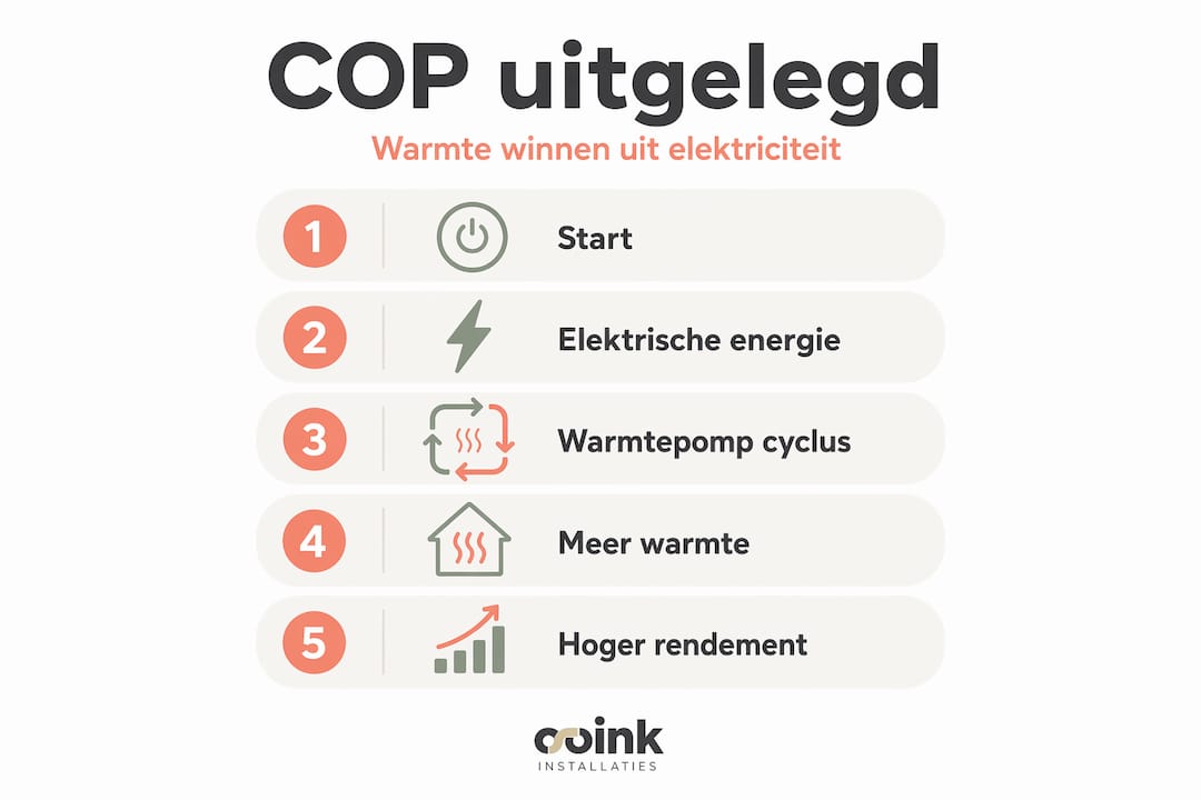 In deze infographic zie je stap voor stap hoe de COP van een warmtepomp werkt.