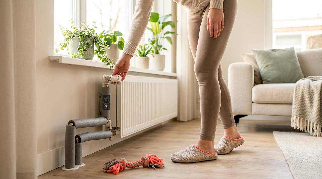 Een vrouw inspecteert de geïsoleerde waterleiding in de gang van haar huis.