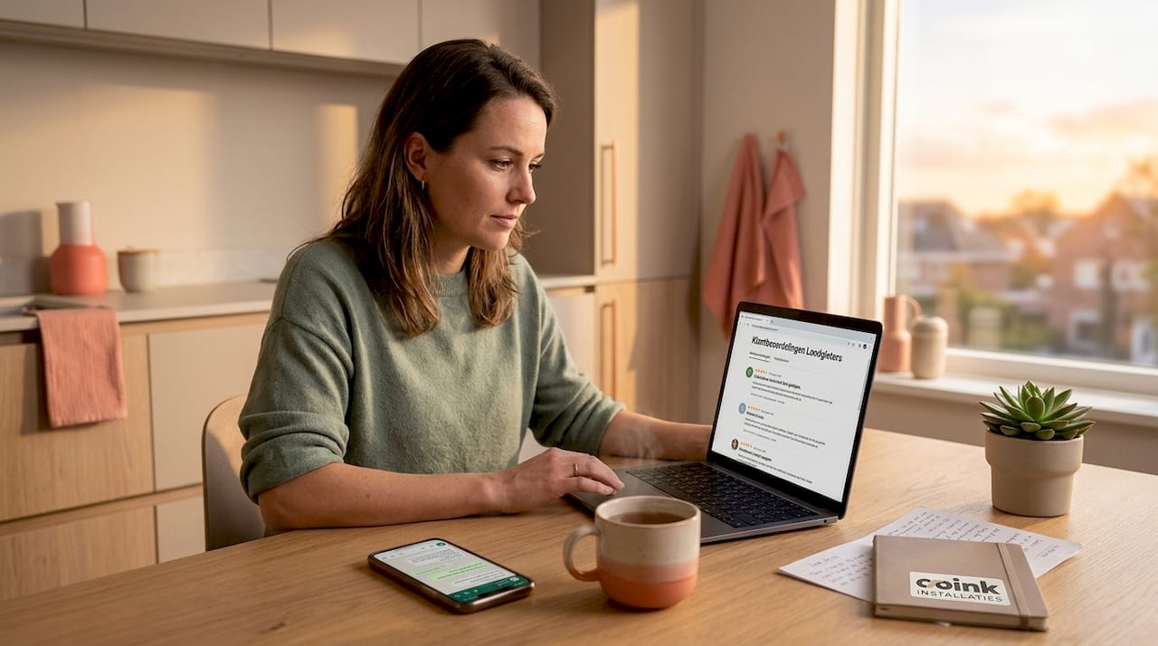 Een vrouw zit achter haar laptop om ervaringen met loodgieters te bekijken.