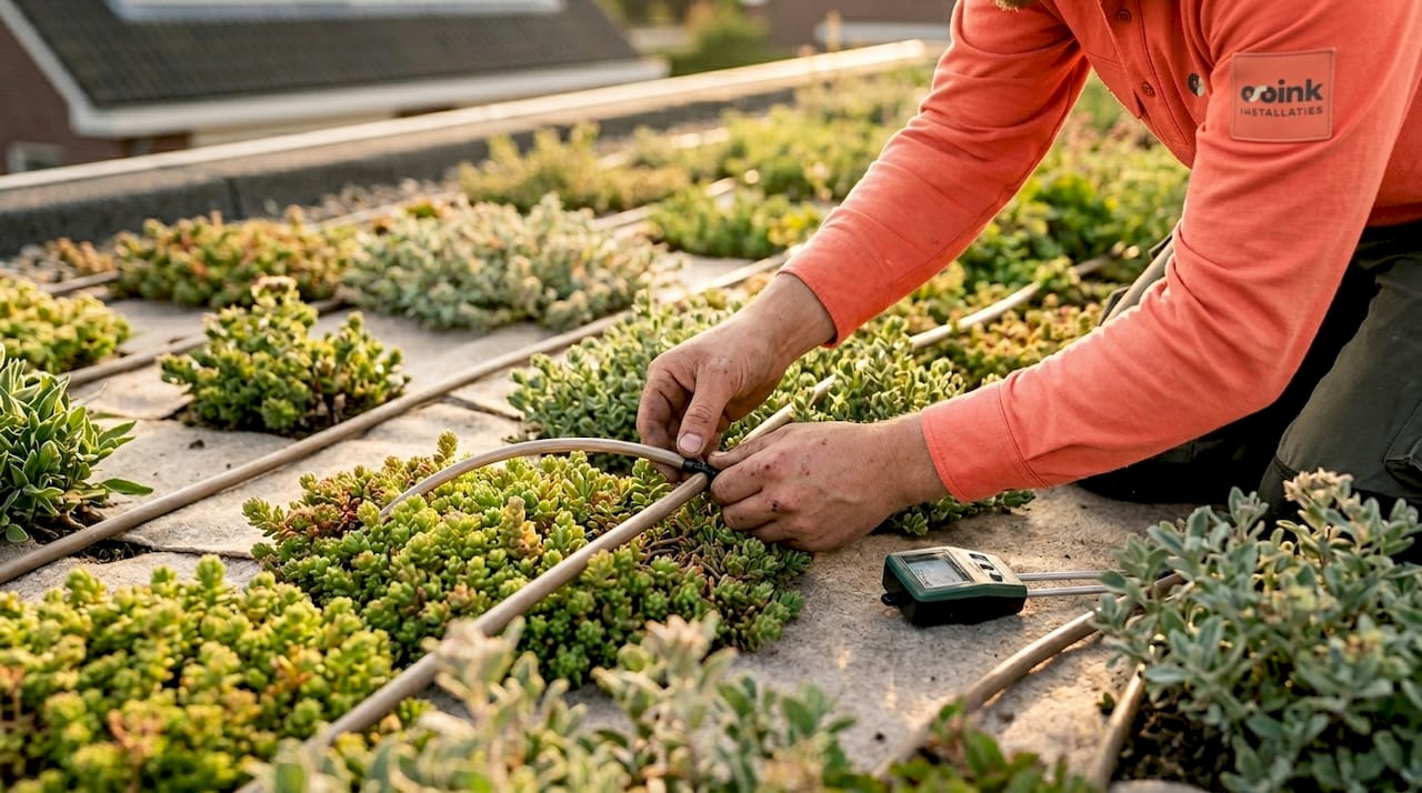 Een installateur inspecteert het druppelirrigatiesysteem op het groendak.