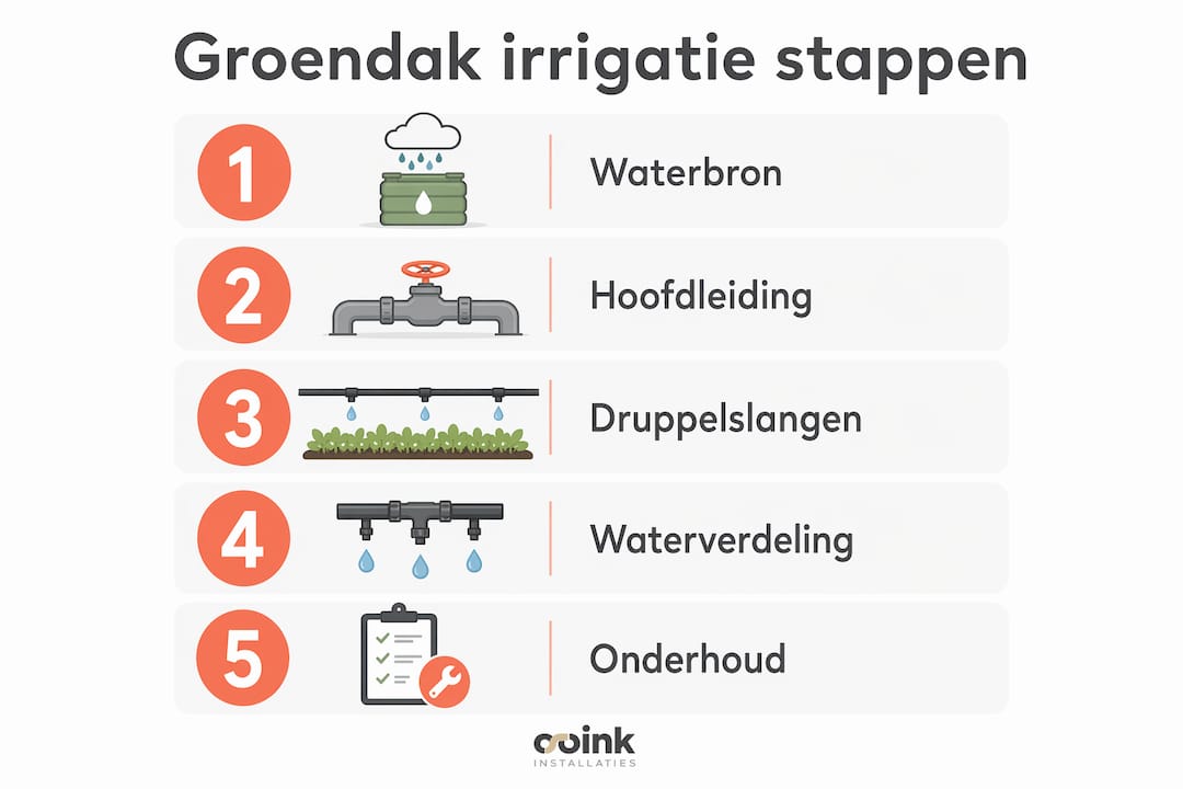 Overzichtelijke infographic: zo werkt het irrigatiesysteem van een groendak stap voor stap
