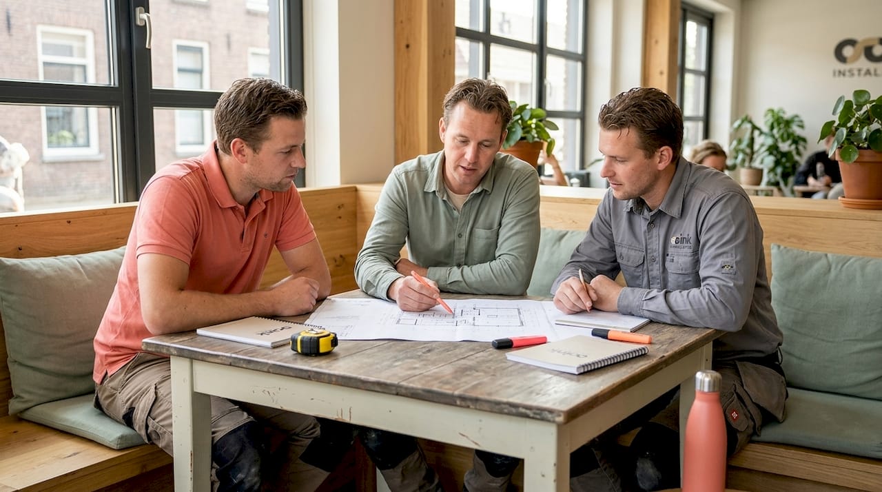 Loodgieters bespreken samen de bouwtekening in de vergaderruimte.