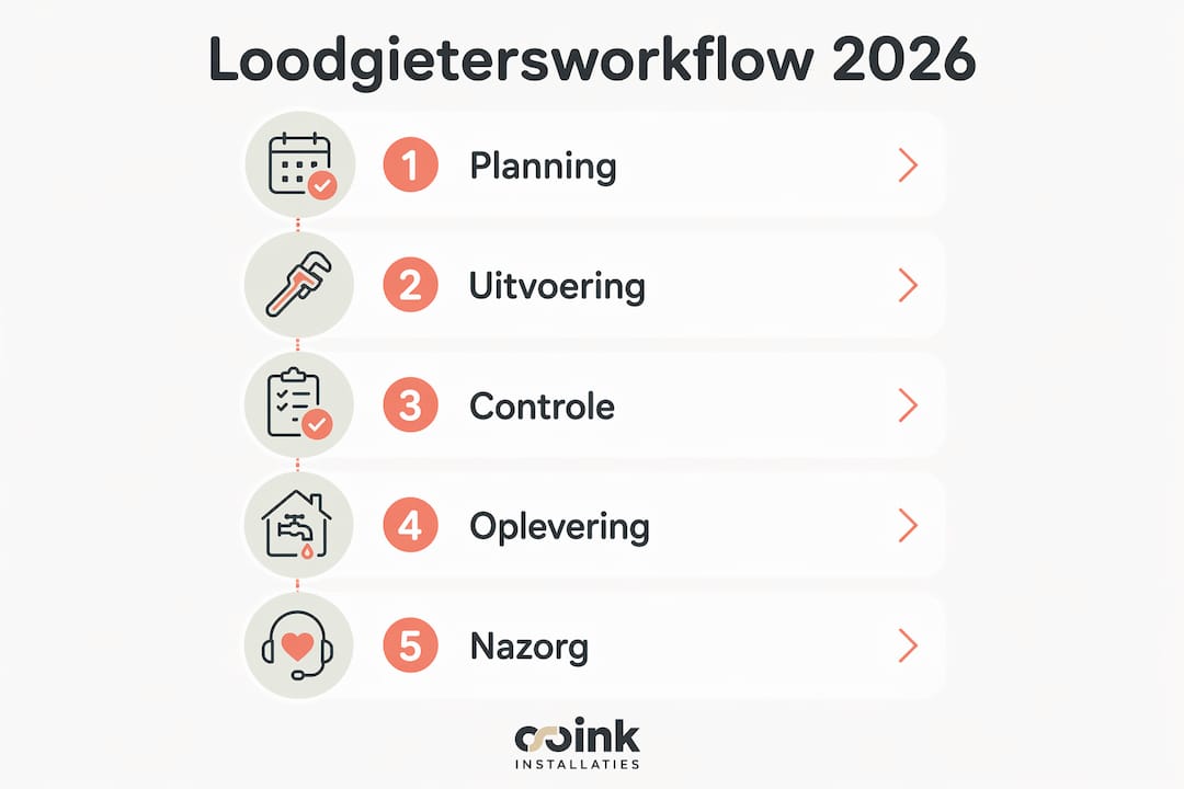 Overzicht: Stappenplan voor de loodgietersworkflow in 2026, helder weergegeven in een infographic