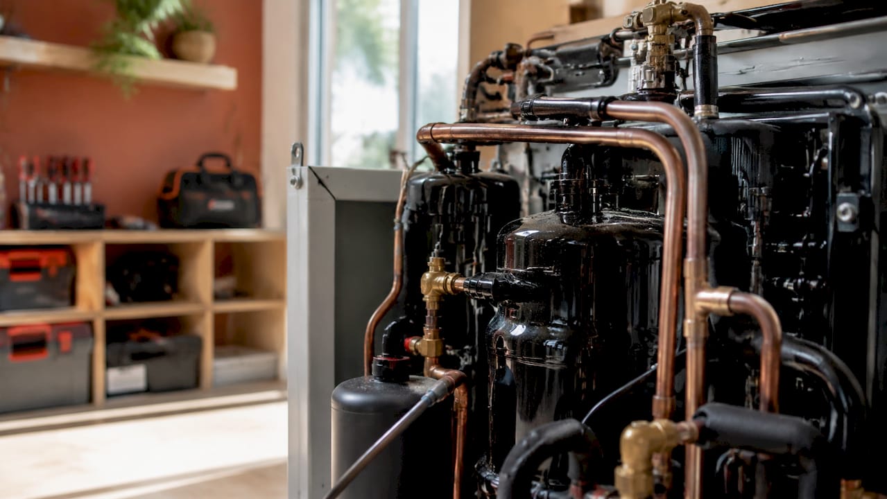 Detailopname van de compressor en leidingen van een warmtepomp