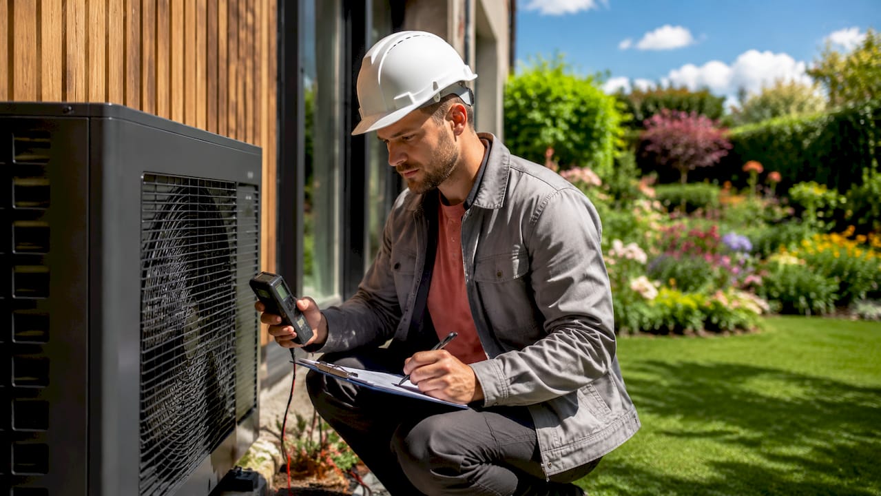 Een monteur inspecteert de warmtepomp naast het huis.