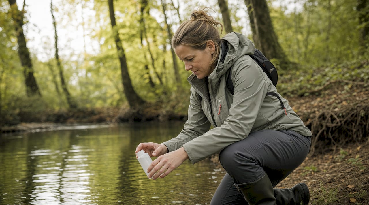 Een vrouw verzamelt een watermonster uit de rivier.