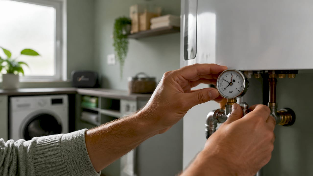 Een paar handen stelt de waterdrukmeter van de cv-ketel nauwkeurig af.