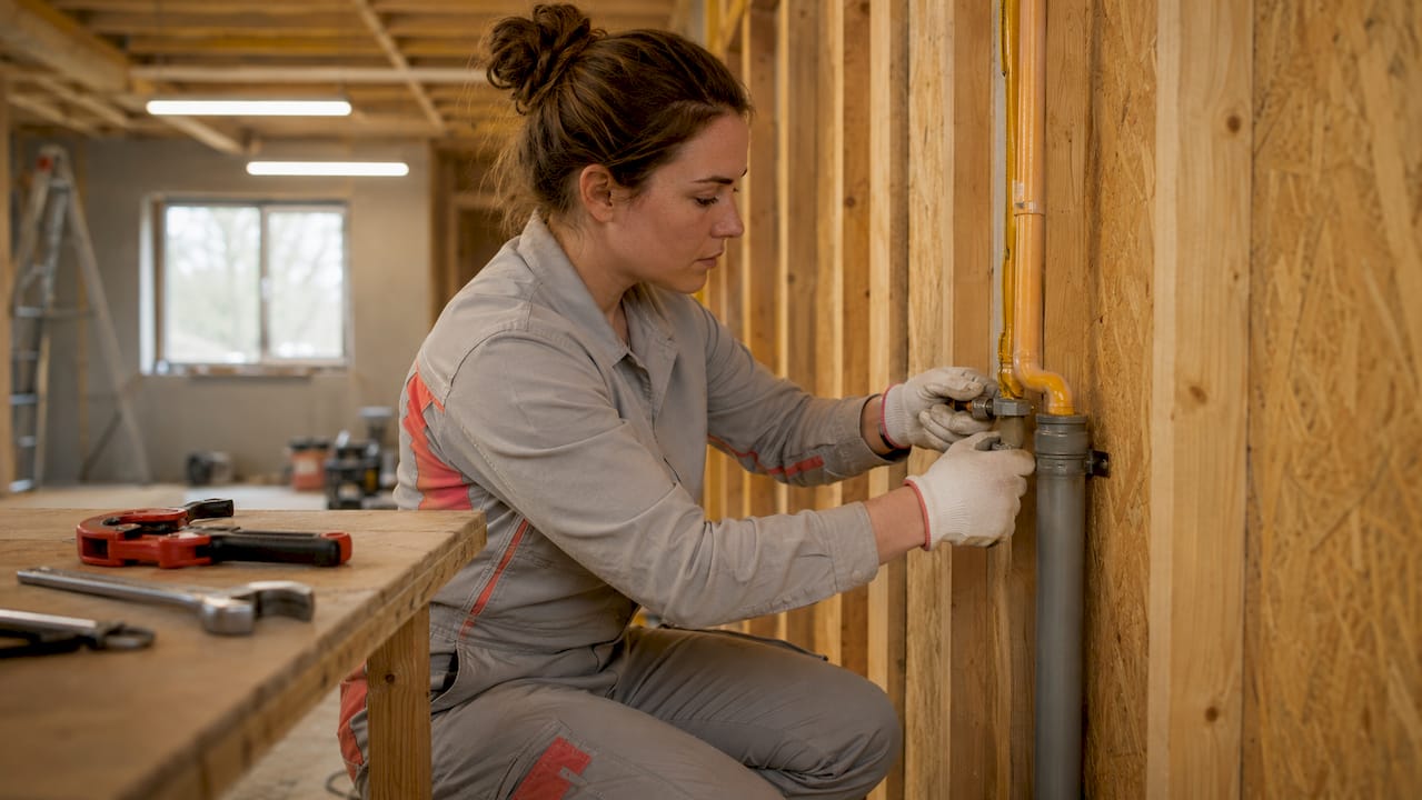 Een installateur plaatst een gasleiding zorgvuldig in een beschermende mantelbuis.