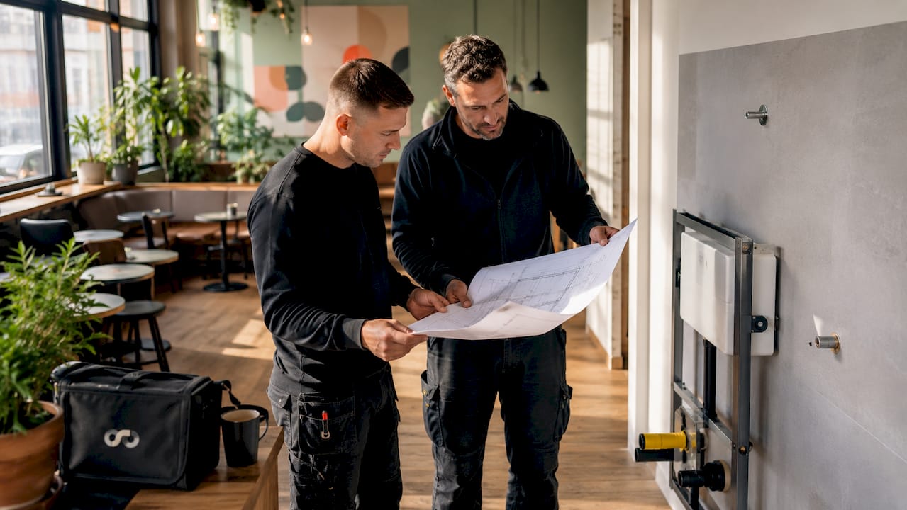 Op de bouwplaats lopen twee vakmannen samen de installatieplannen door.