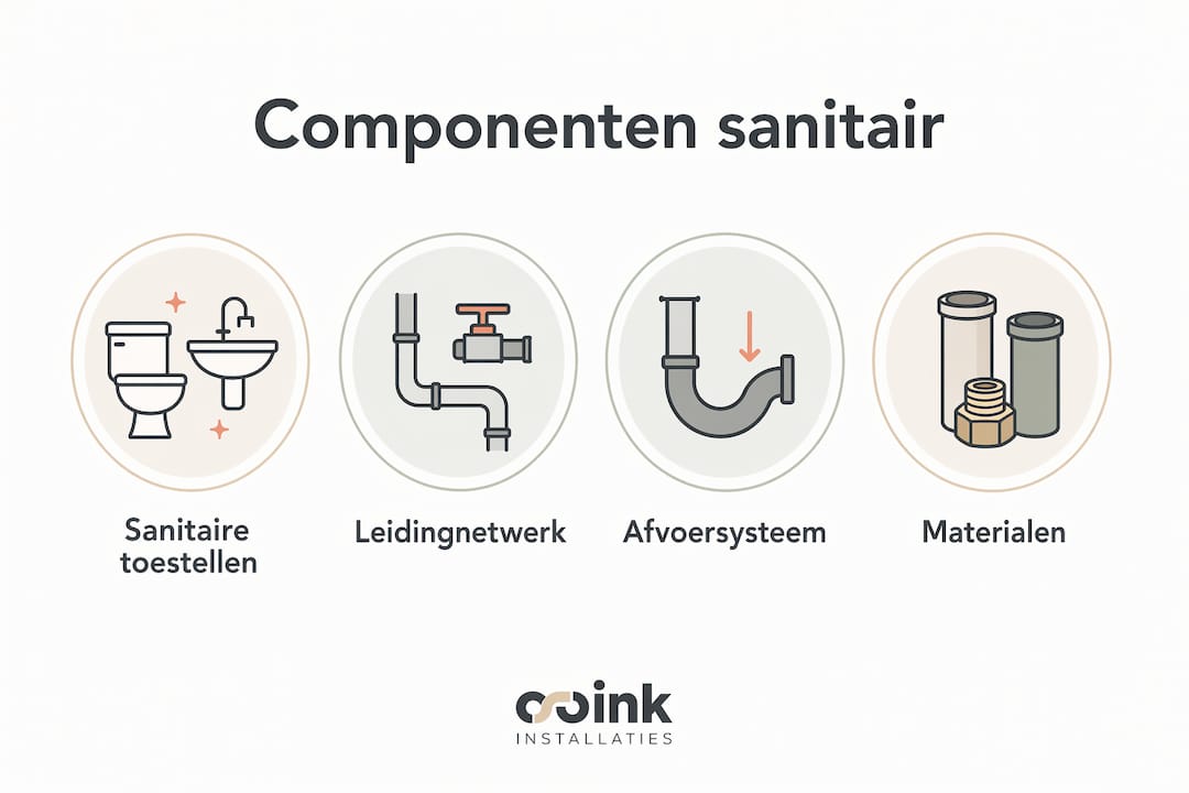 Overzichtelijke infographic van de belangrijkste onderdelen in een sanitaire groepsinstallatie