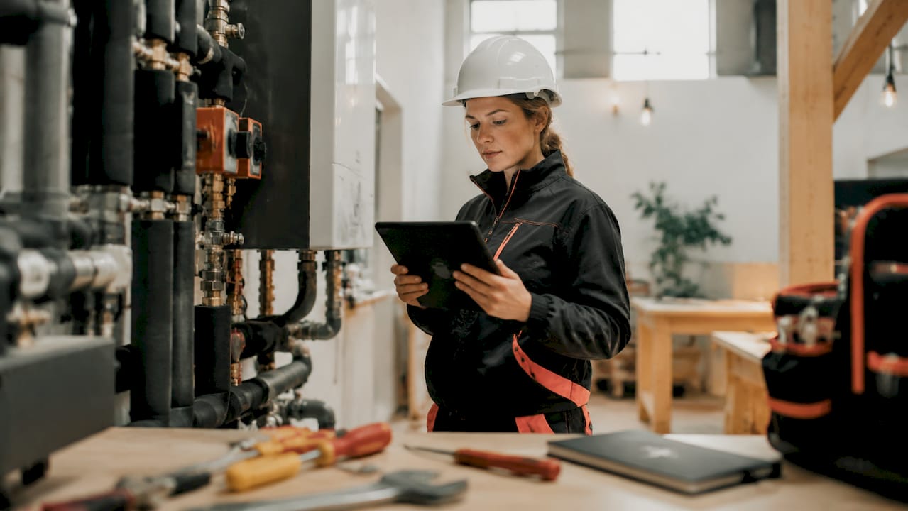 Een vrouw controleert een technische installatie in de fabriekshal met behulp van haar tablet.