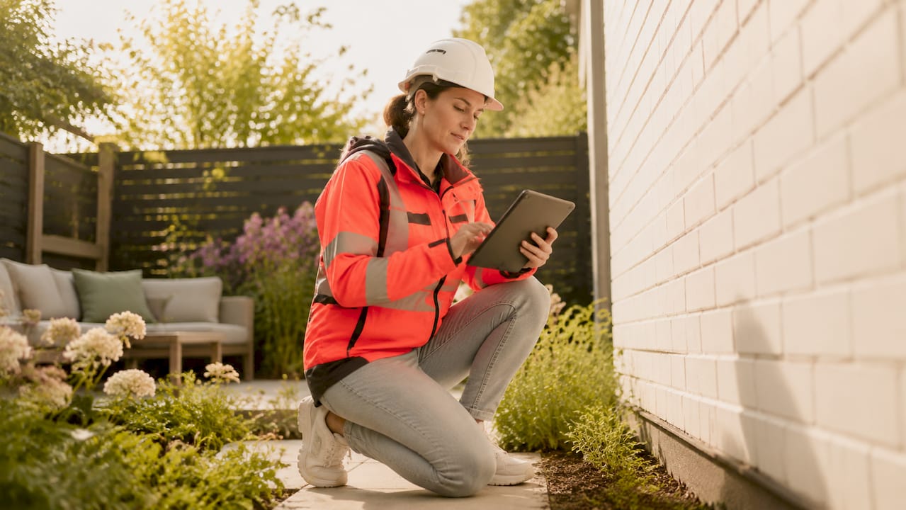 Een vrouw controleert de gevel van een gebouw, uitgerust met een tablet en een veiligheidshelm.