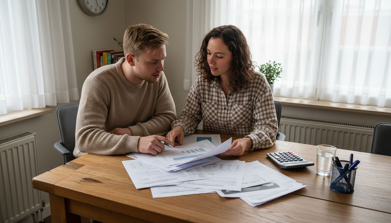 Het stel neemt samen het bouwkundig rapport door.