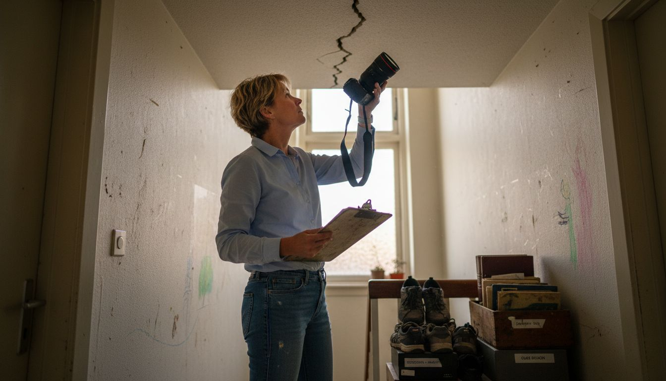 Een bouwkundige inspecteur maakt foto’s van een scheur in het plafond van een woning.