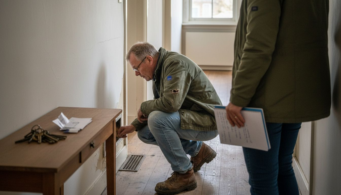 Een inspecteur controleert samen met de eigenaar het ventilatierooster van de verwarming binnenshuis.