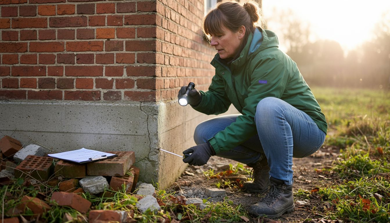 Een deskundige bekijkt de scheuren in de fundering van het huis.