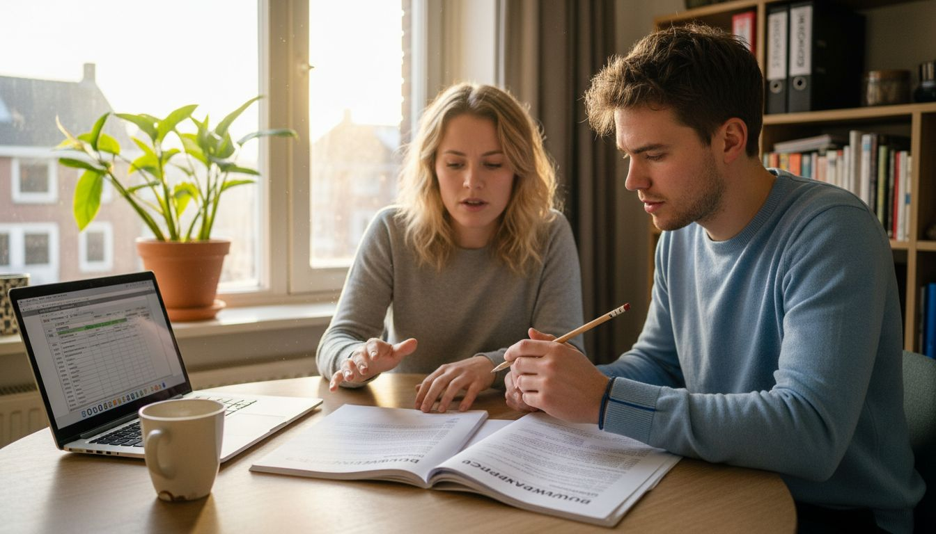 Een stel dat samen bouwkundige rapporten van verschillende woningen naast elkaar legt om te vergelijken.