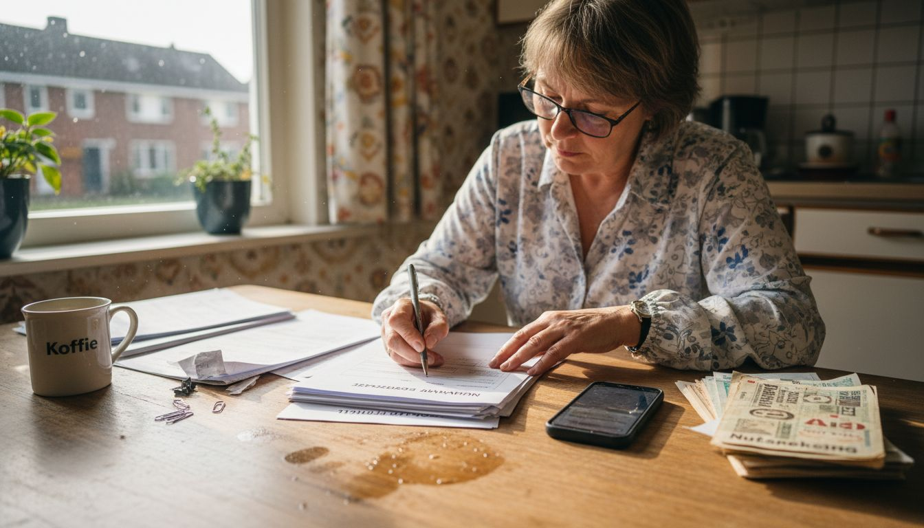 Aan de keukentafel zit een vrouw geconcentreerd een rapportaanvraag in te vullen.