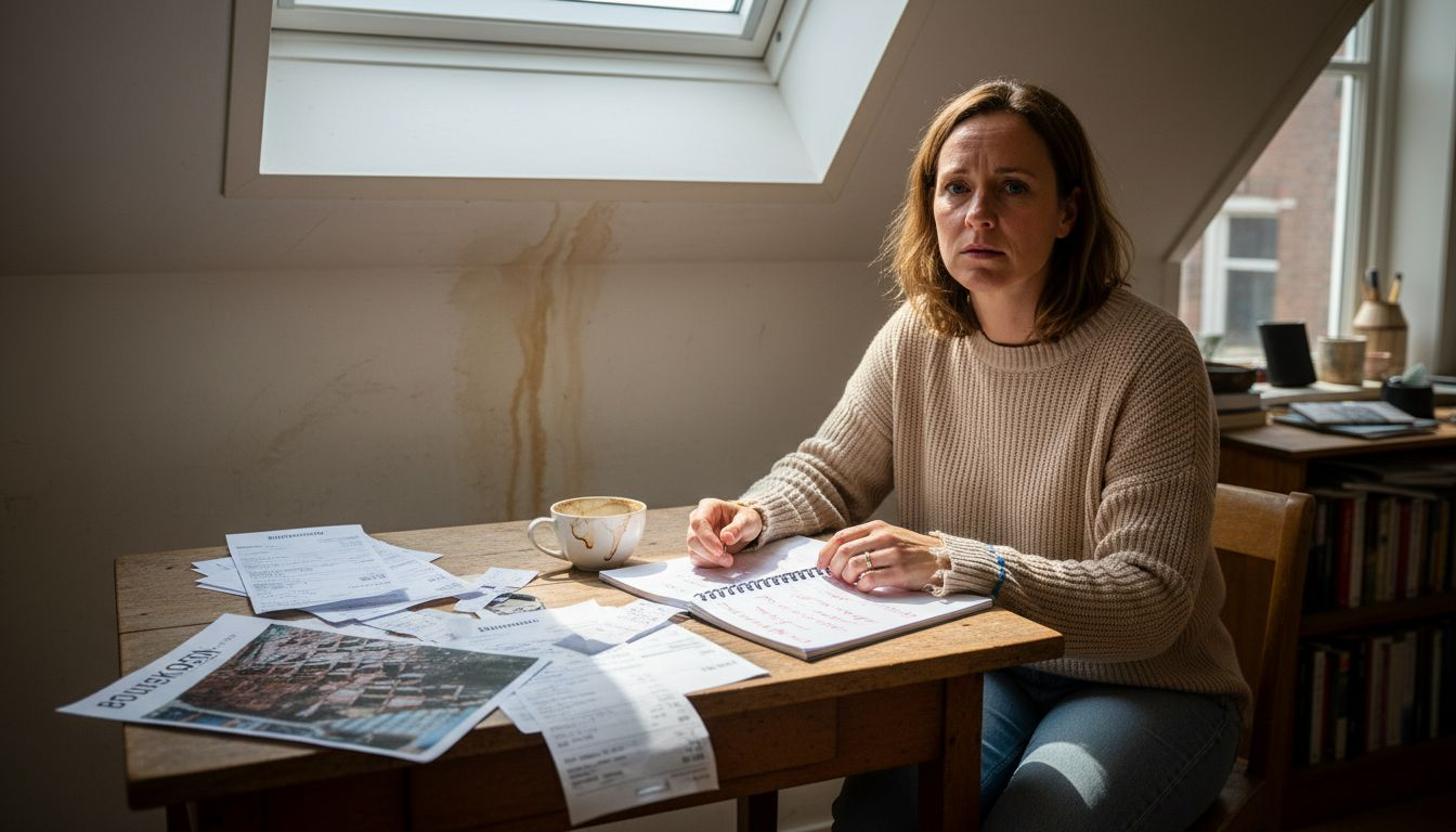 Met een bezorgde blik bekijkt de koper de stapel reparatierekeningen aan de keukentafel.