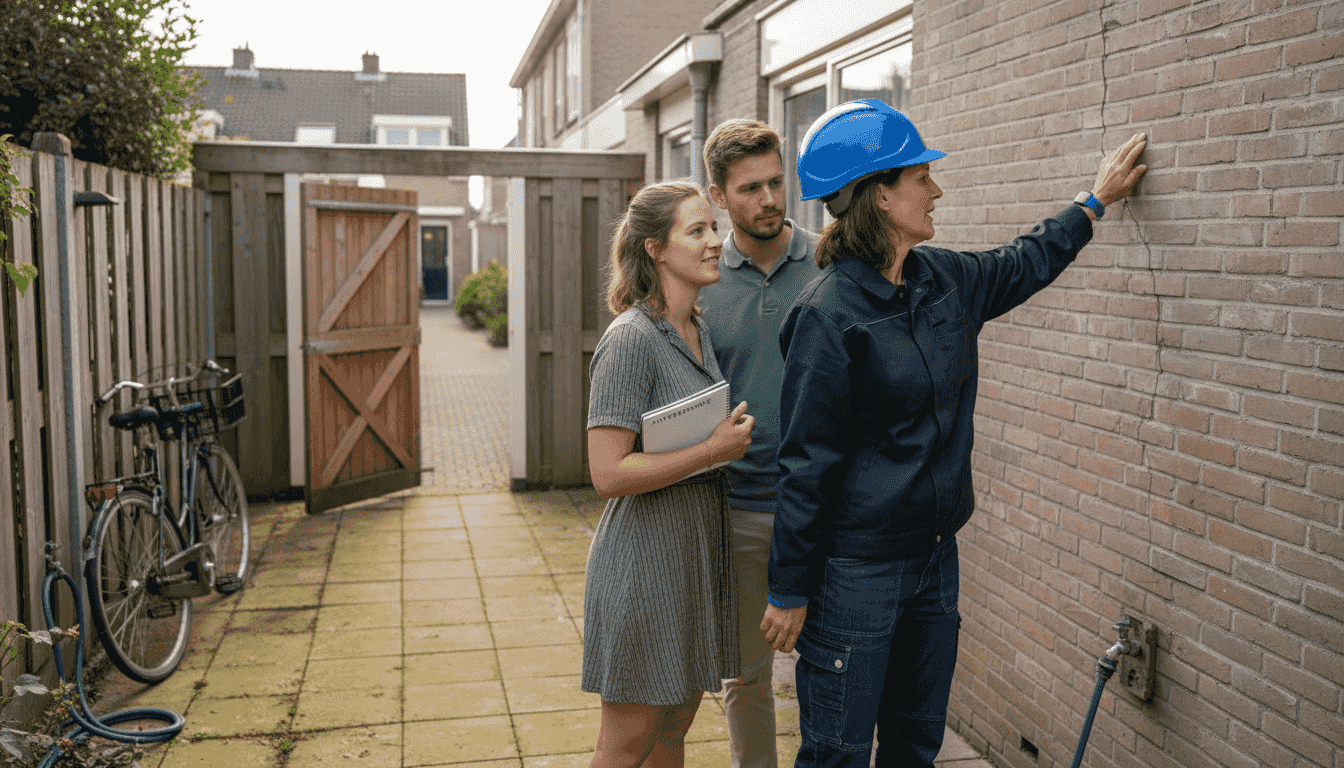 De inspecteur geeft het stel uitleg over de technische aspecten.