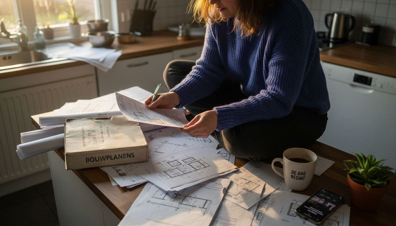 Een vrouw legt bouwtekeningen en papieren netjes bij elkaar aan de keukentafel.