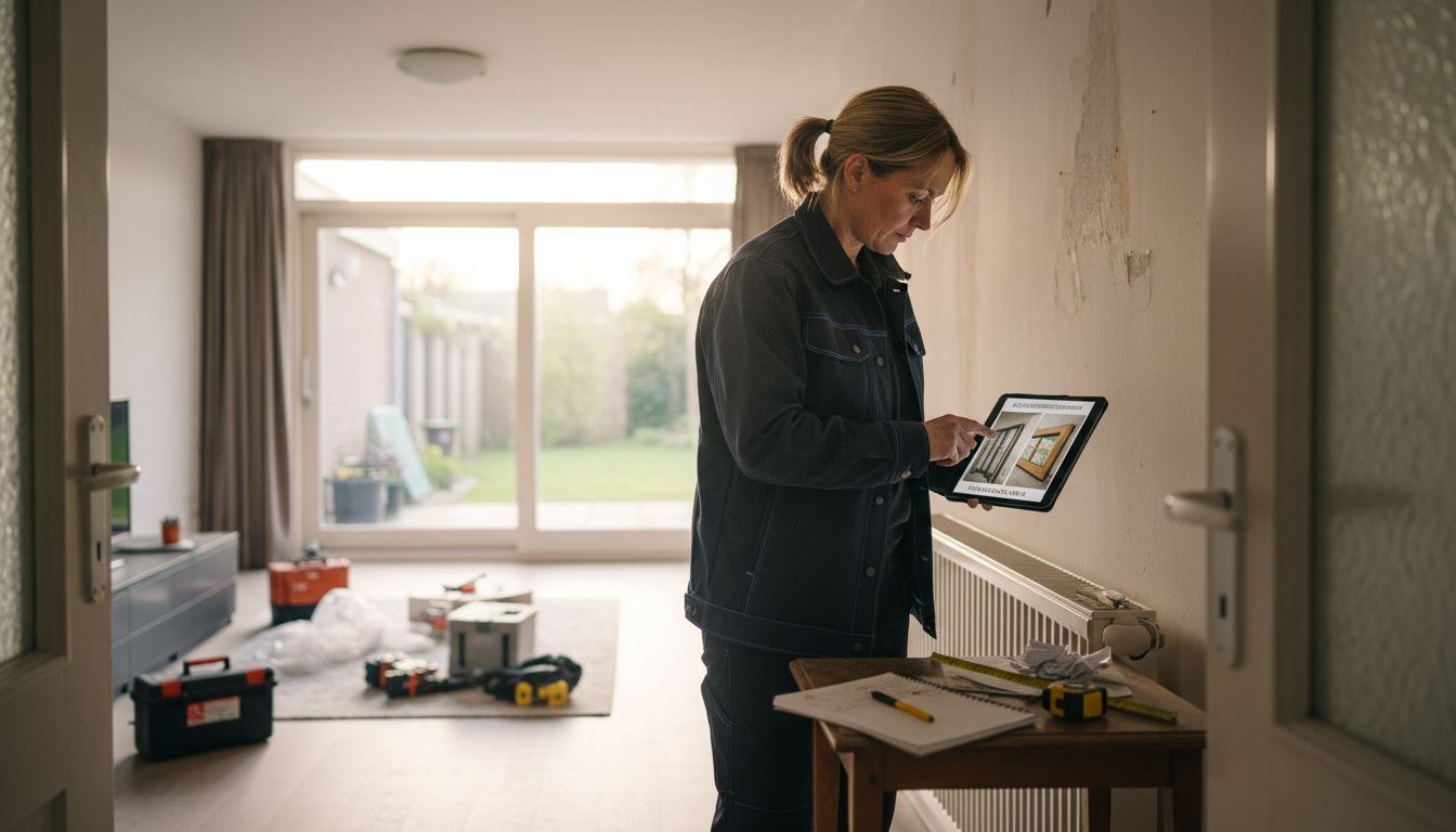De bouwkundige inspecteur stelt het rapport op terwijl hij de woonkamer onderzoekt.