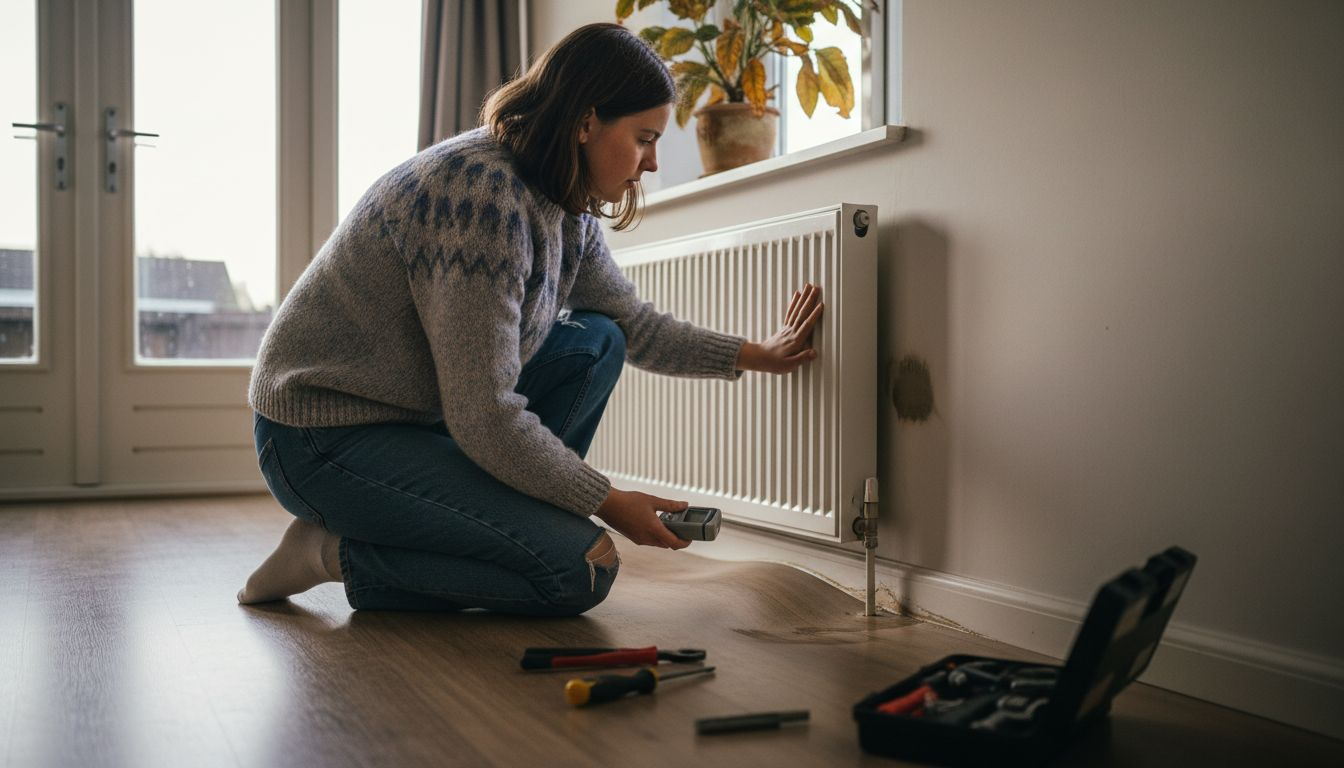 Een vrouw bekijkt een vochtige plek op de muur in haar woonkamer en probeert te achterhalen waar het vandaan komt.