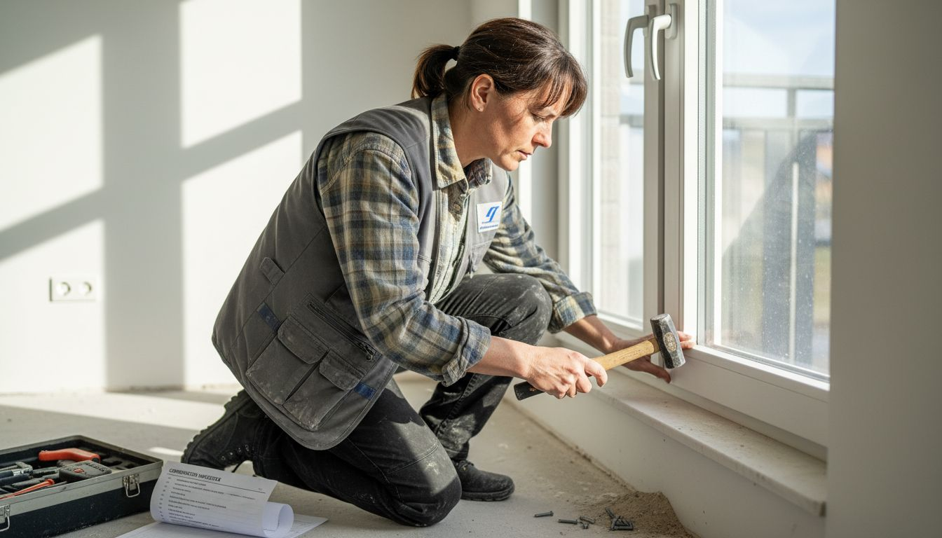 Een bouwinspecteur controleert het kozijn van een nieuwbouwwoning.