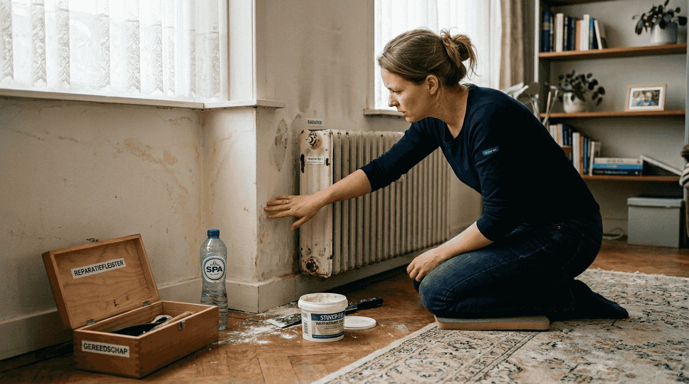 Een huiseigenaar inspecteert de muur op vochtplekken.
