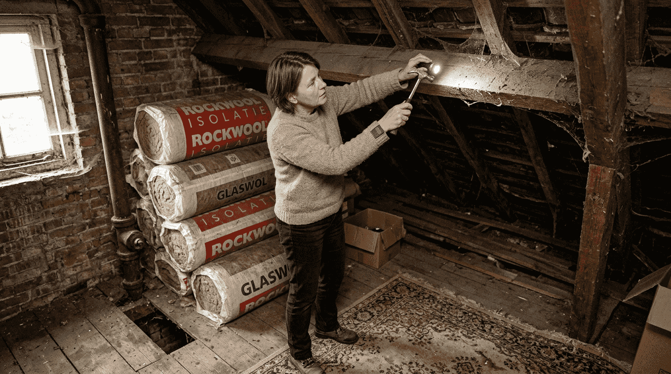 Een vrouw inspecteert de houten balken op de oude zolder.