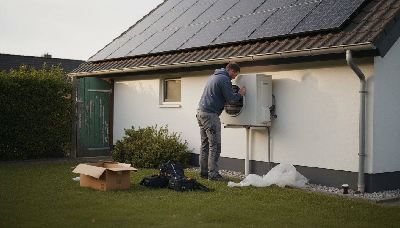 Een monteur komt langs om een warmtepomp bij de woning te installeren.