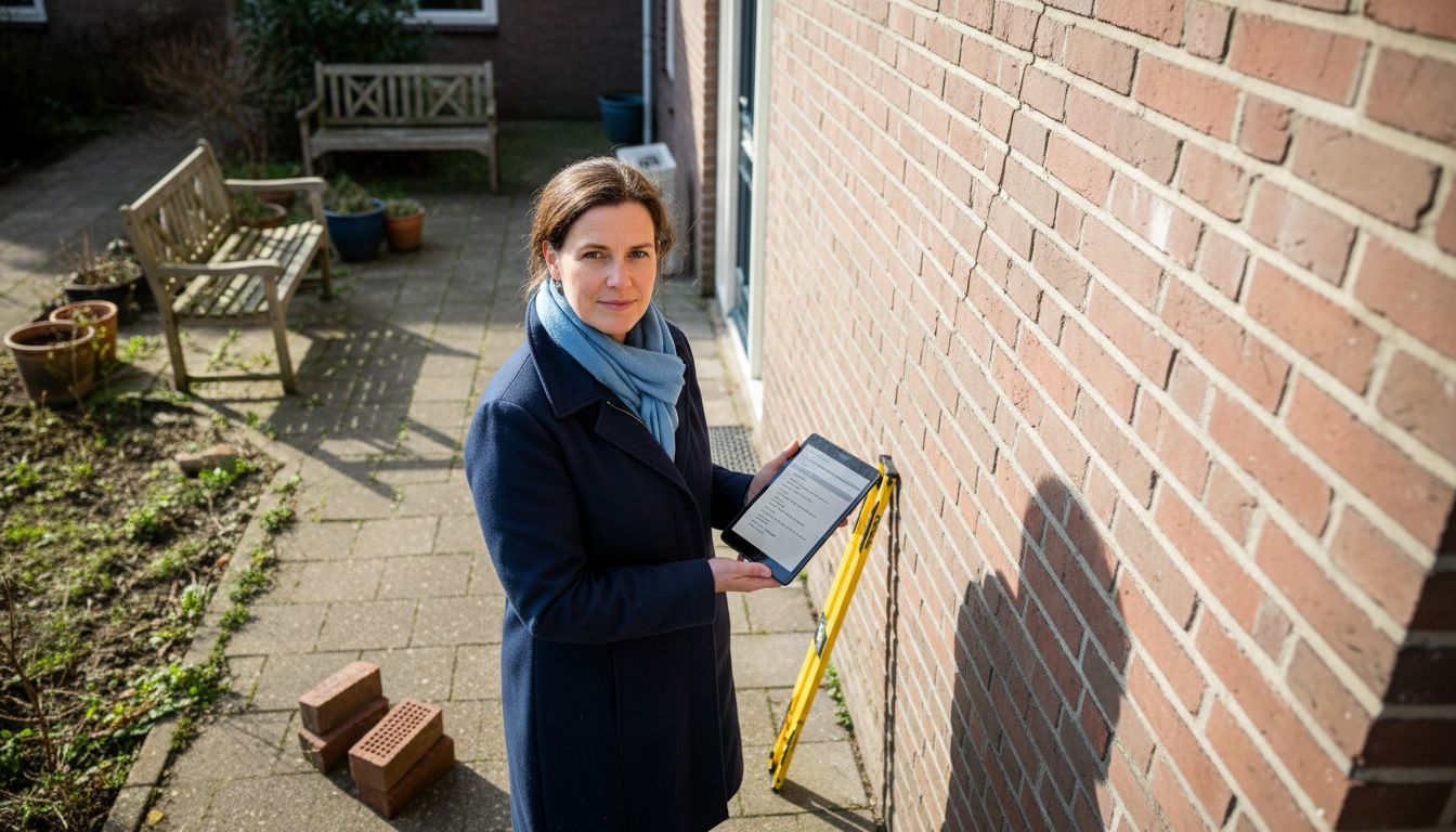 Bouwinspecteur controleert gevelmetselwerk met tablet in de hand