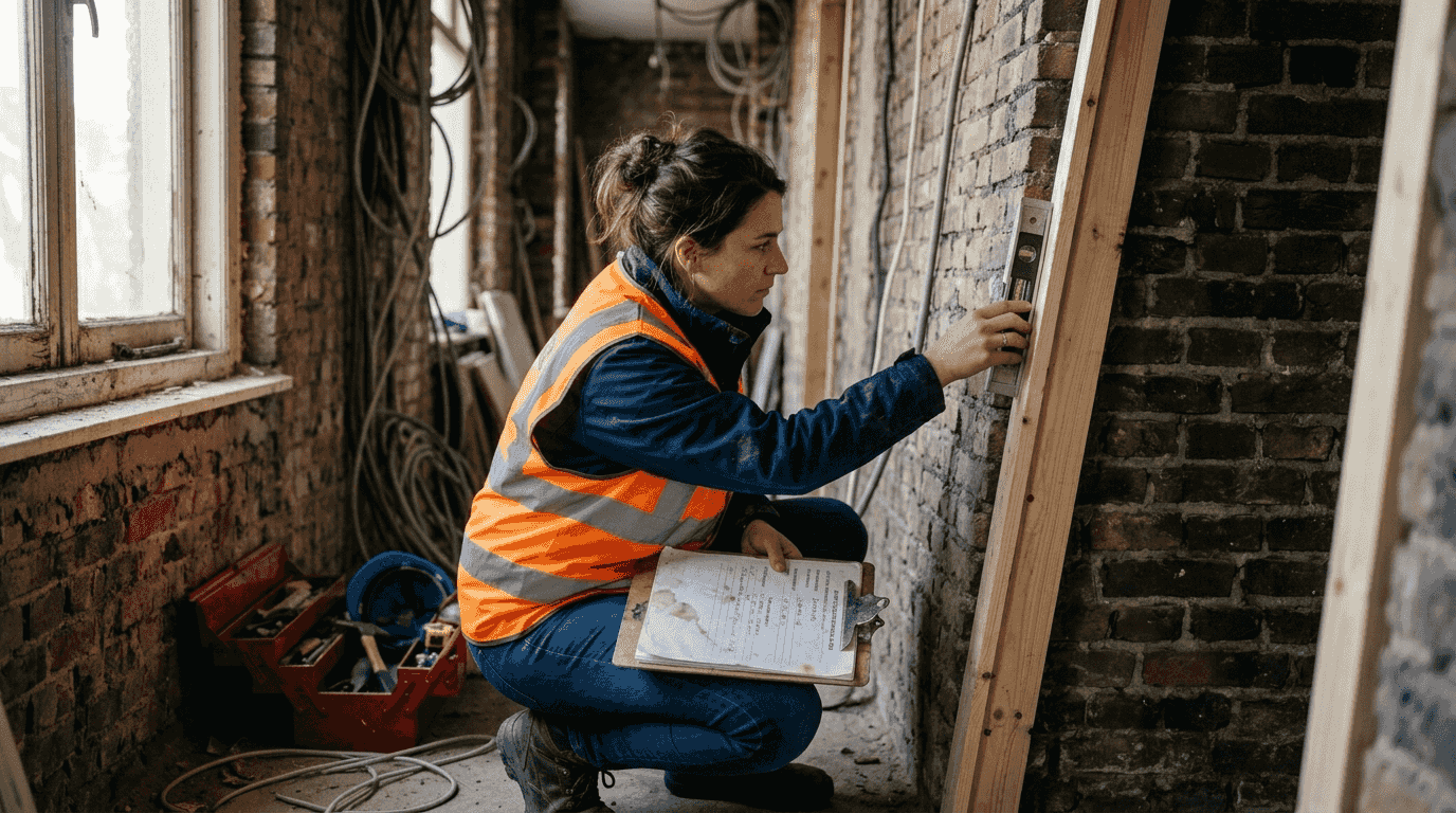 Een bouwkundig inspecteur beoordeelt een constructiefout in de muur.