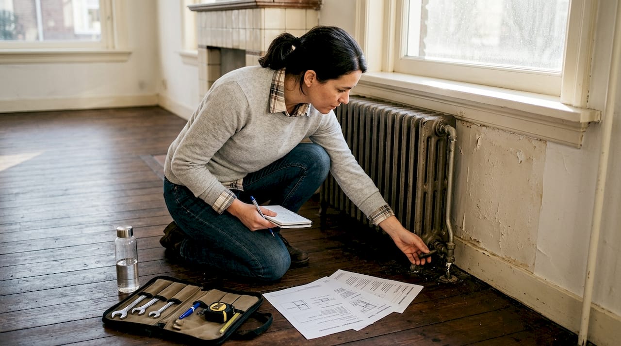 De inspecteur bekijkt de radiator en let extra op de details aan de muur.