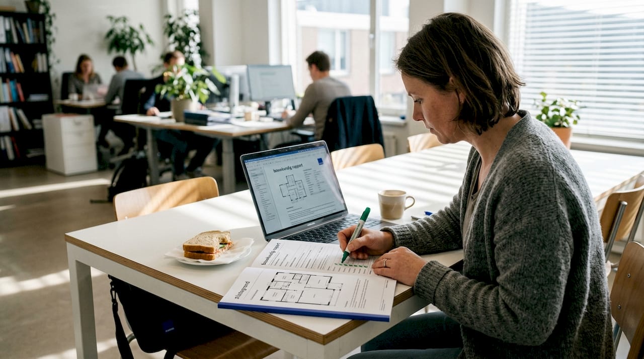 De inspecteur stelt momenteel het onderhoudsrapport voor het kantoor op.