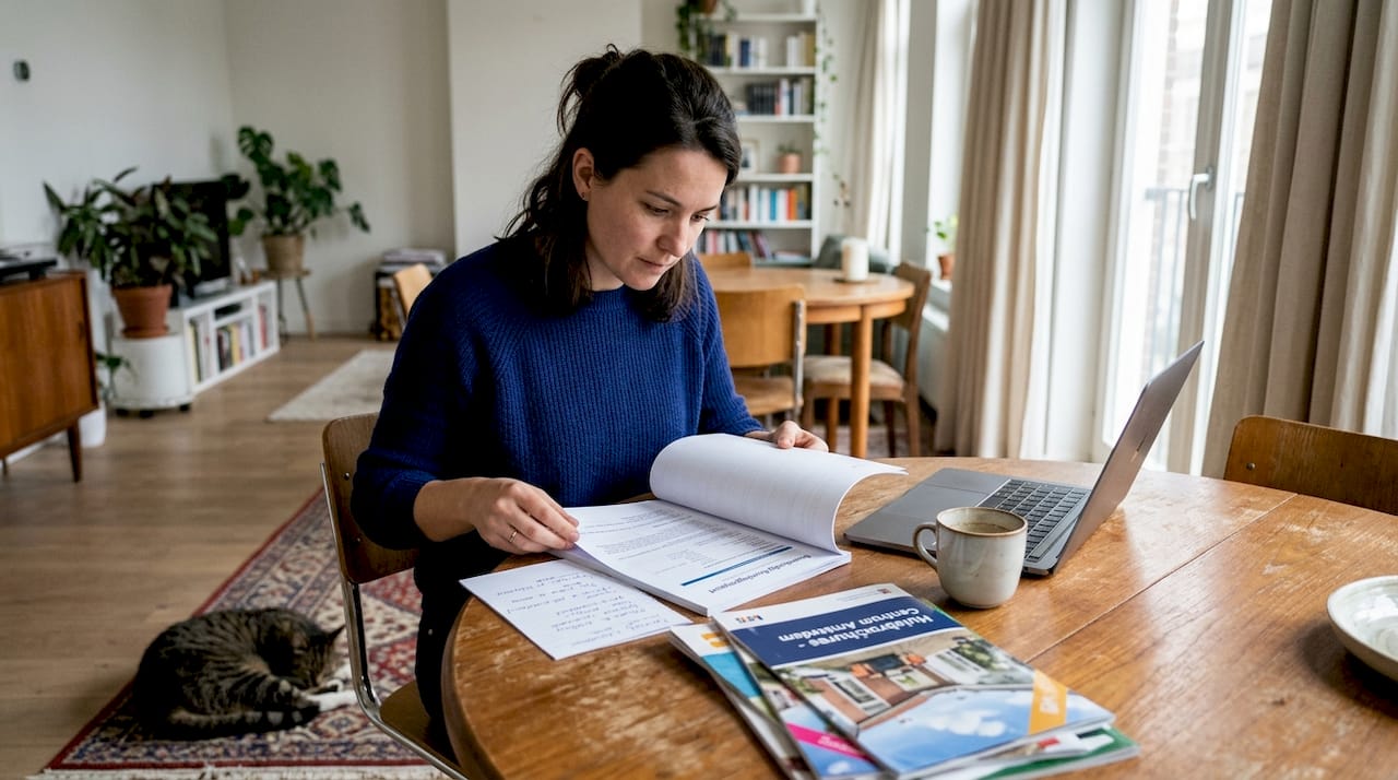 Thuis neemt de koper rustig het bouwkundige rapport door.