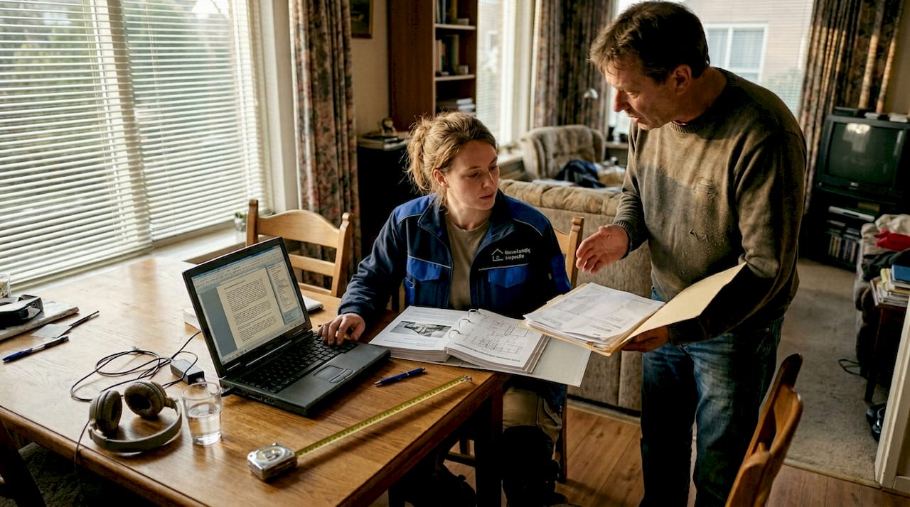 De inspecteur stelt ter plaatse bij de klant een bouwkundig rapport op.