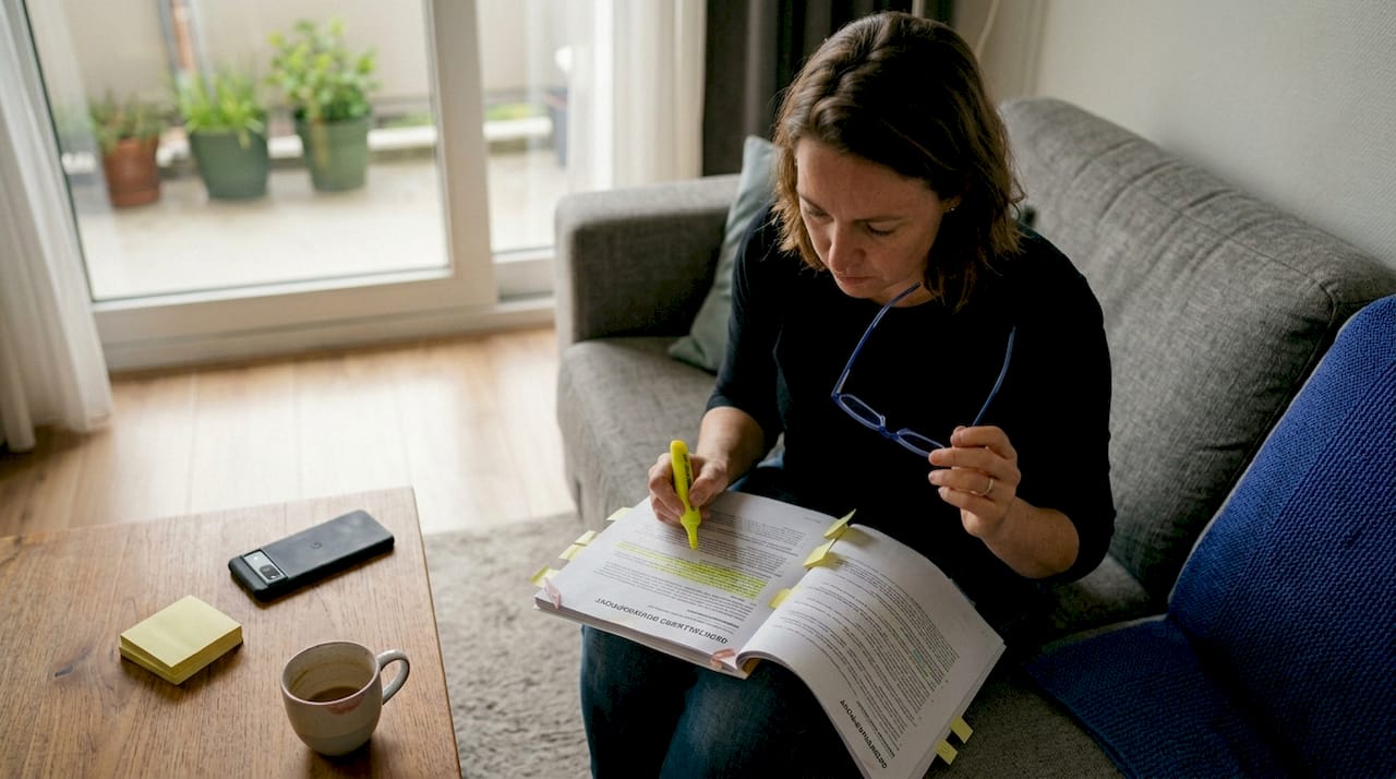 Een vrouw bekijkt thuis aandachtig het bouwkundig rapport.