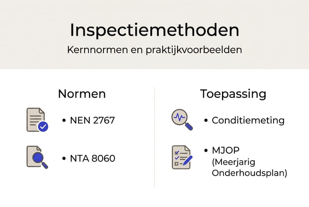 Infographic over bouwkundige inspectiemethoden en geldende richtlijnen