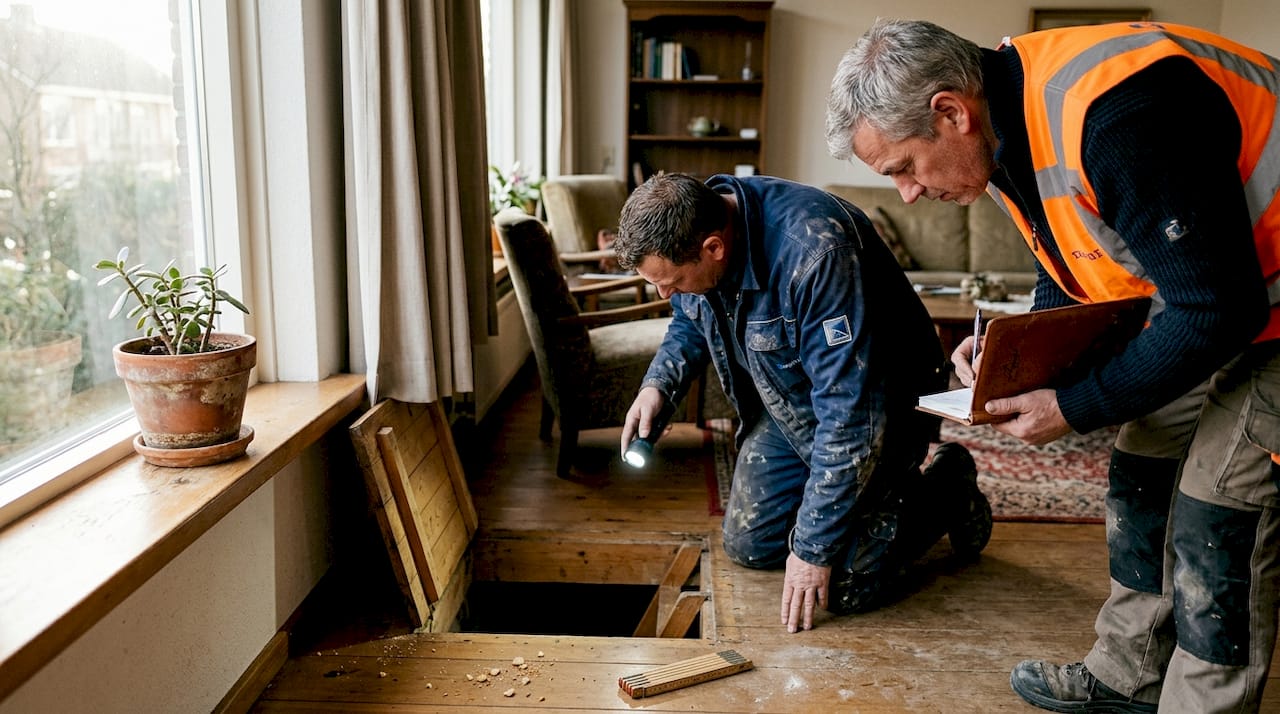 Twee aannemers nemen samen een kijkje in de kruipruimte van het huis tijdens een inspectie.