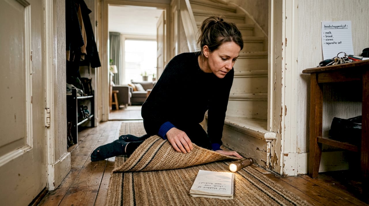 Een vrouw bekijkt aandachtig de vloer en de plint in huis.