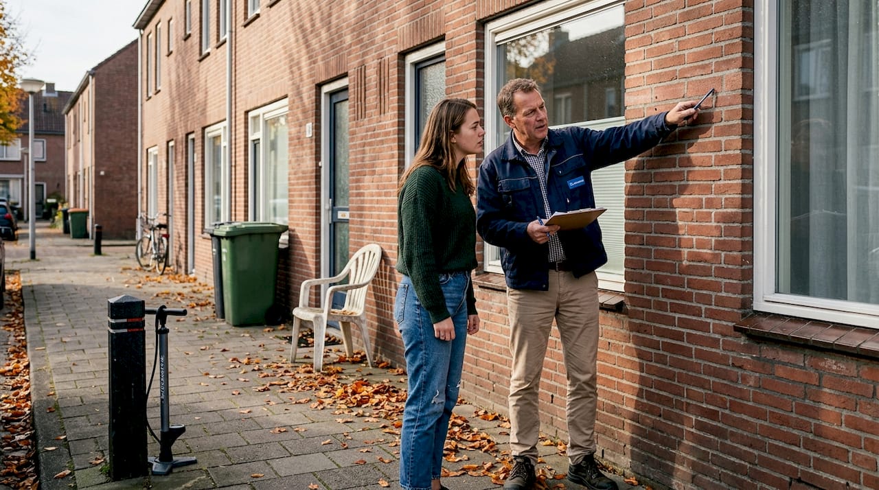 Samen met een expert bekijkt de koper de schade aan de gevel van de woning.