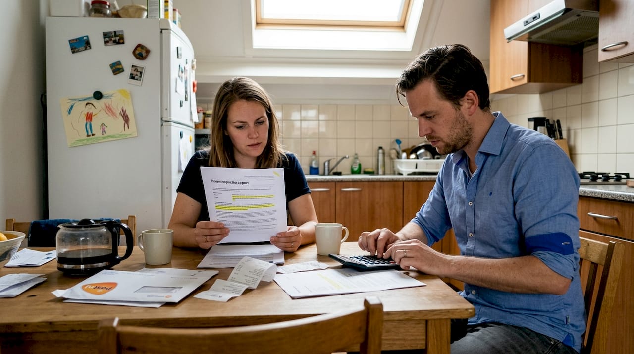 Een stel neemt samen de reviews door terwijl ze in de keuken staan.